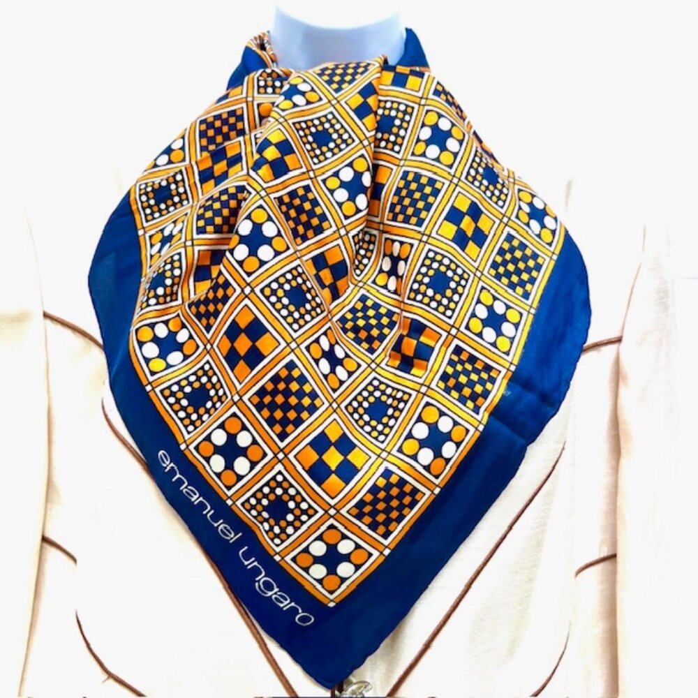 (2) Emanuel Ungaro Paris Scarfs 100% Silk 27" Green stripe Blue Orange Dot (27 - Picture 4 of 16